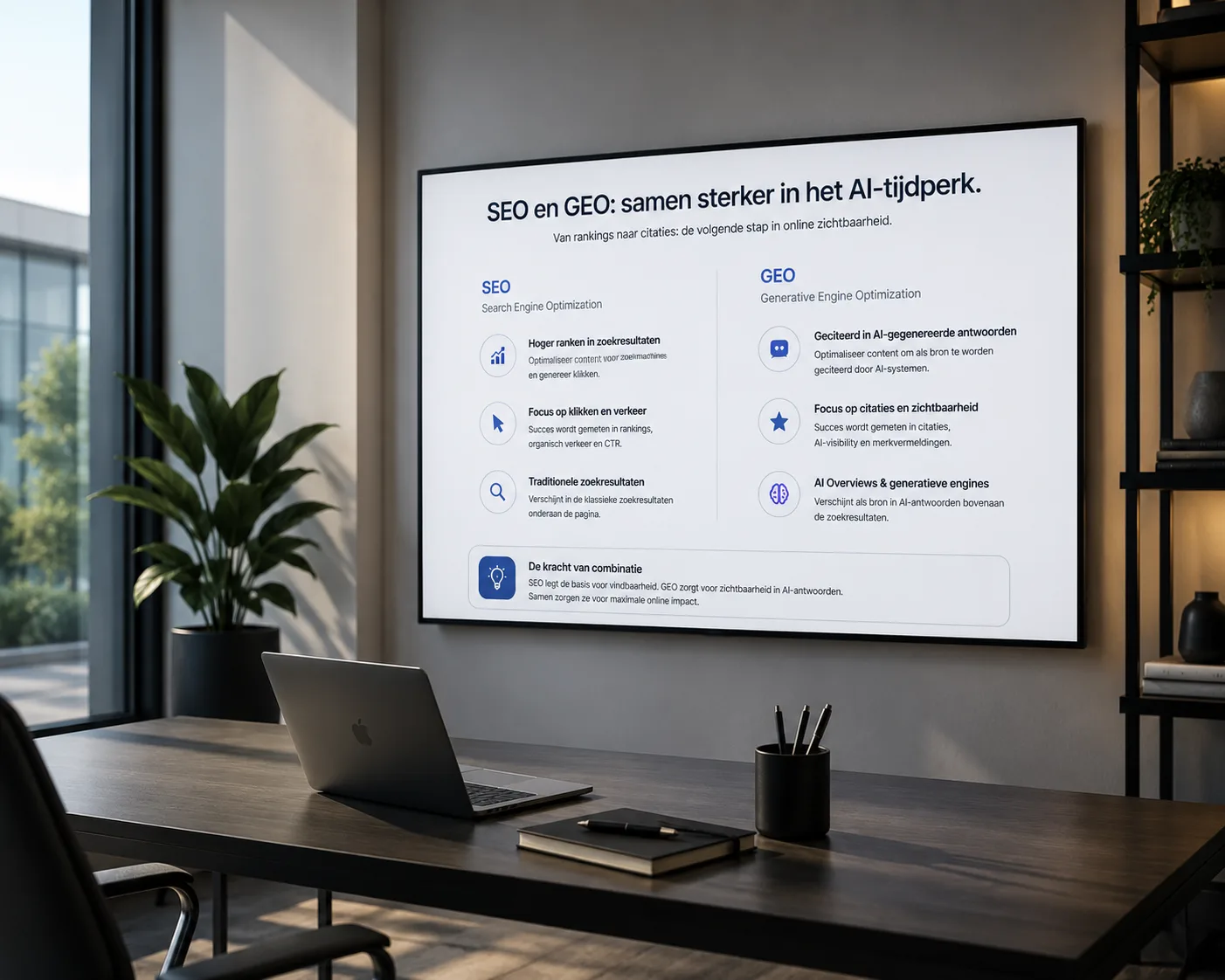 Scherm met SEO en GEO uitleg in het AI-tijdperk